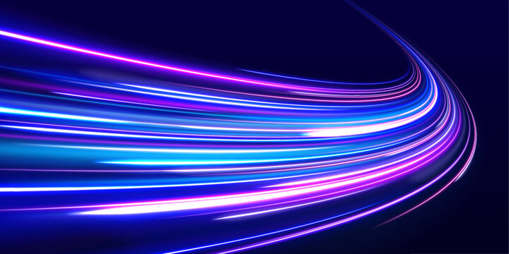 Bright purple and blue neon streaks surge across a dark digital landscape. Motion lines twist with velocity and energy. Transparent for tech designs. 
