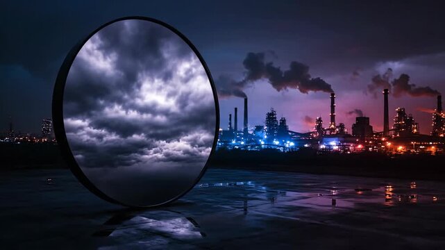Dramatic stormy sky reflection in mirror with cityscape factory and industry view.