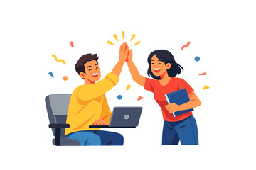 Two people celebrating success while working on a laptop in a bright and colorful setting with confetti and a joyful atmosphere during the day
