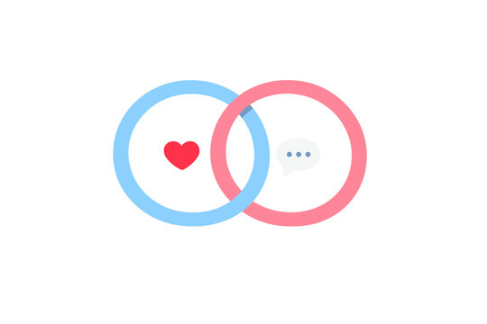 Two overlapping circles with simple symbols representing love and communication in a digital design format
