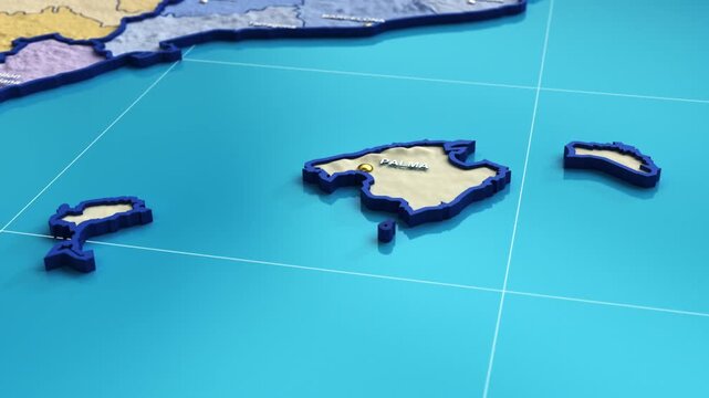 3D animation of a map of Spain zooming into the Balearic Islands