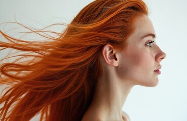 Fototapeta premium Red haired woman profile portrait. Flowing hair moves in wind. Fair skin with freckles. Simple studio background. Beauty, natural look, elegant.