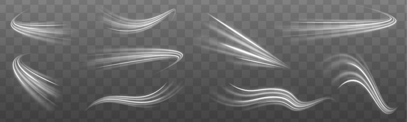 Neon energy waves twist across urban highways in motion blur. Glowing streaks and wind lines convey speed and futuristic atmosphere. Transparent PNG for graphic projects. © MEDUZA