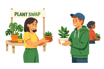 People exchange plants at a plant swap event in a community center during the afternoon to share their gardening experiences and expand their collections