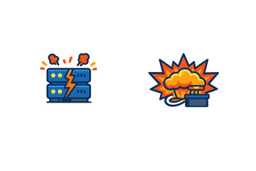 Naklejka premium Data center with server failure and explosion during a cyber attack at night in a network security scenario