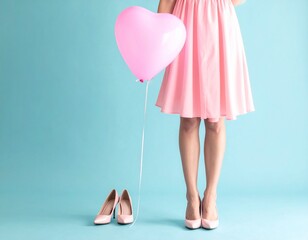 woman in pink dress and shoes holding a single pink heart balloon