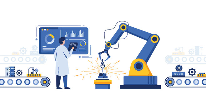 Engineer in lab coat supervising an advanced robotic arm on a manufacturing conveyor belt with production data screens.