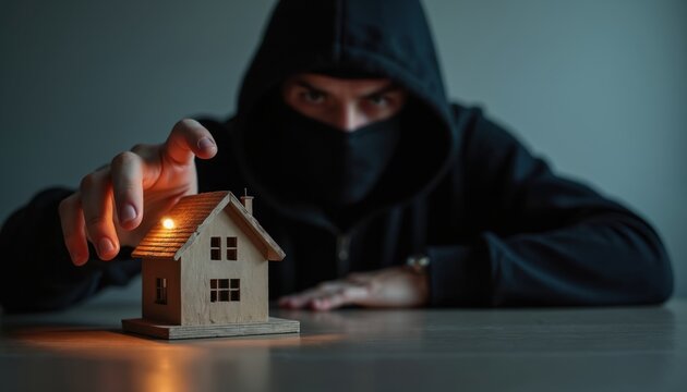 Person in dark clothes and mask examines small house model. Thief plans to steal property. Concept home security risk and danger. Criminal targets miniature building.