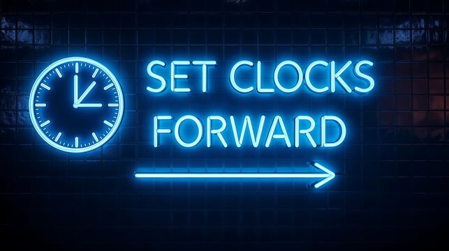 Neon sign on a dark grid wall: 'SET CLOCKS FORWARD' with a clock face and arrow, announcing daylight saving time change.