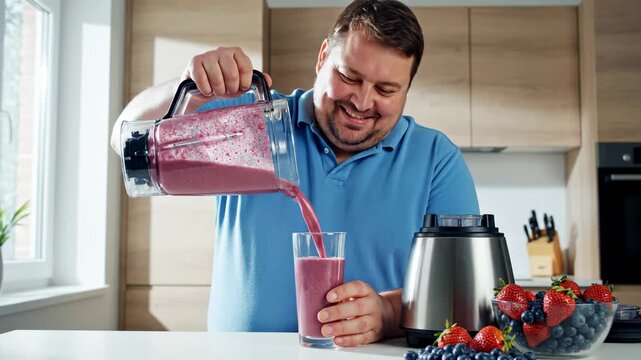 Smiling plus size man pours a fresh berry smoothie into a glass in a modern kitchen. The scene highlights a commitment to healthy eating, nutrition, and a positive weight loss journey