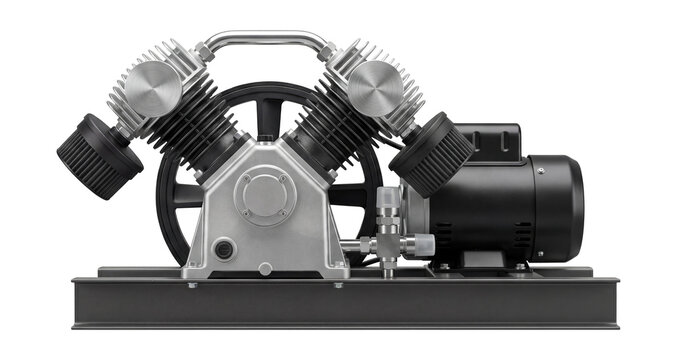 Horizontal piston compressor with dual-stage compression.