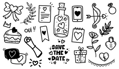 Hand drawn vector illustration set featuring love and celebration doodle elements such as hearts, arrows, bottle, gift, flowers, ring and handwritten lettering. Black and white line style, simple and 