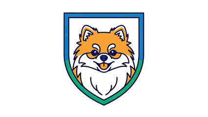 Obraz premium Cartoon Pomeranian dog design inside a shield, featuring blue, green, and orange