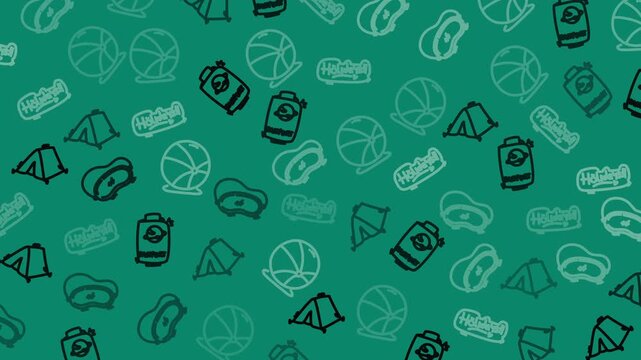 Seamless teal pattern showcasing camping tents backpacks and basketball icons in simple line art Ideal repeating background for textiles packaging web banners and outdoor lifestyle branding.