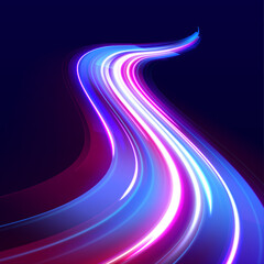 High-speed light streaks curve dynamically across dark transparent background. Bright beams enhance perspective and motion. Ideal for futuristic, tech, and motion graphics.