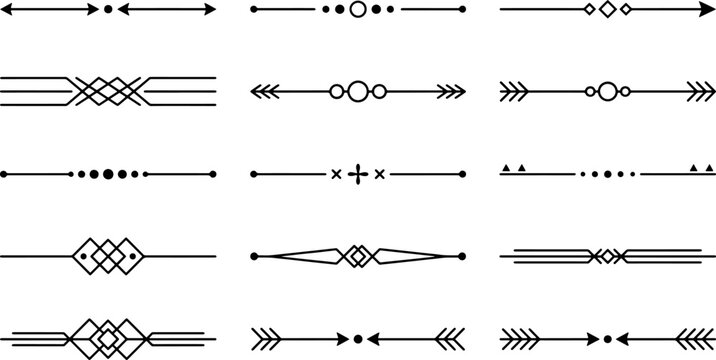 minimal decorative divider and separator collection with thin lines geometric ornaments arrows and dots for typography layouts and editorial graphic design use