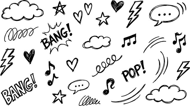hand drawn comic doodle symbol set with clouds lightning bolts hearts stars music notes speech bubbles motion lines and bang pop words in black and white sketch style