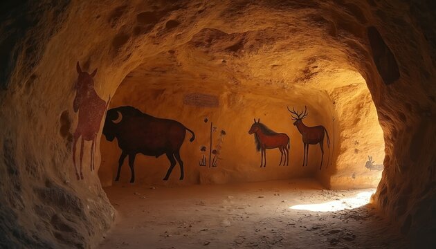 Prehistoric cave paintings show bison horse deer animals on rock wall. Ancient humans created early art in dark cavern. Natural history archeology stone age heritage.