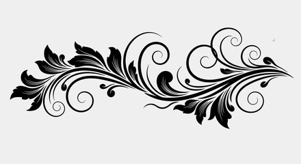 Horizontal Ornate Floral Swirl in Black, Elegant Vintage Decorative Element in Bright Studio