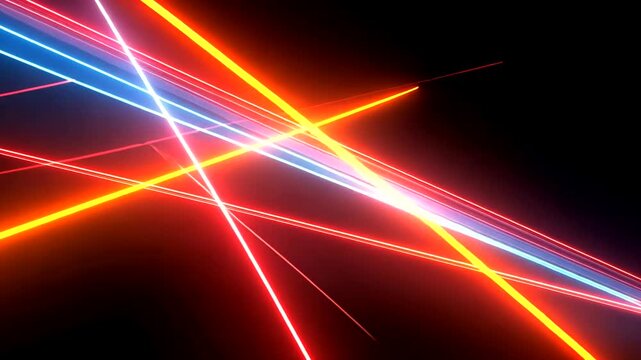 Vibrant Neon Light Beams Intersecting in Dark Space.
