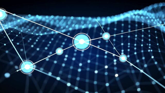 Network connection nodes linked in a futuristic digital landscape.