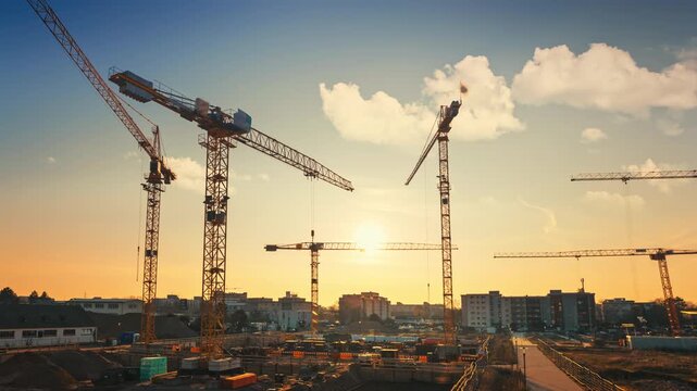 Time-lapse footage of a large construction site with several busy cranes in golden sunlight 
