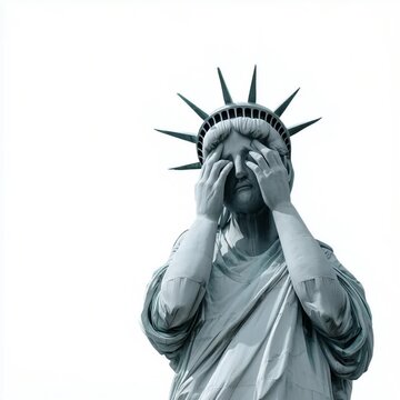 Animierte Illustration der Freiheitsstatue mit verdecktem Gesicht in Trauer. Starkes Symbol f&uuml;r Krise, Scham und gesellschaftliche Spannungen in den USA. Editoriale Nutzung f&uuml;r Politik, Gesellschaft u