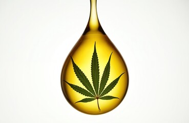 Golden cannabis oil droplet shows green marijuana leaf inside. Pure liquid extract reflects light, pure CBD is isolated on white background.