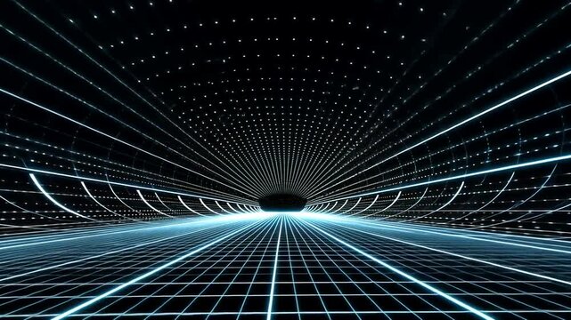 Futuristic tunnel with glowing blue lines and grid pattern.