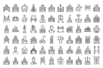 Hand Drawn City Buildings and Urban Infrastructure Line Icons Set