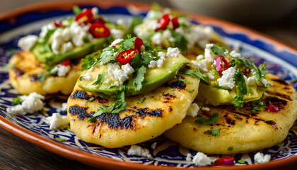Delicious Grilled Arepas with Avocado and Cheese on a Ceramic Plate
