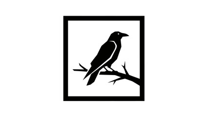Fototapeta premium Black silhouette of a raven perched on a branch, framed within a solid rectangle