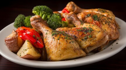 Savory roasted chicken legs served with colorful vegetables including broccoli, red bell pepper, and roasted potatoes on a white plate in a restaurant setting