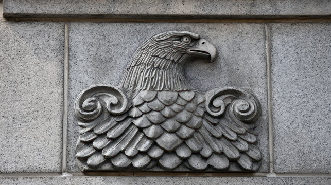 Carved eagle stone relief on government building wall symbolizes strength and resilience during government shutdown period