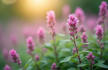 Fototapeta premium Pink flowering thyme plant grows in garden bed. Small purple buds and green leaves on stem. Aromatic herb blooms in soft sunlit nature background. Outdoors summer plant life.