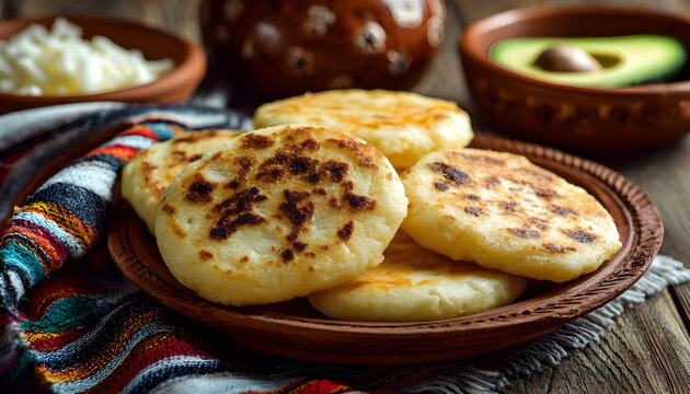 Delicious Grilled Arepas with Avocado and Cheese on a Ceramic Plate