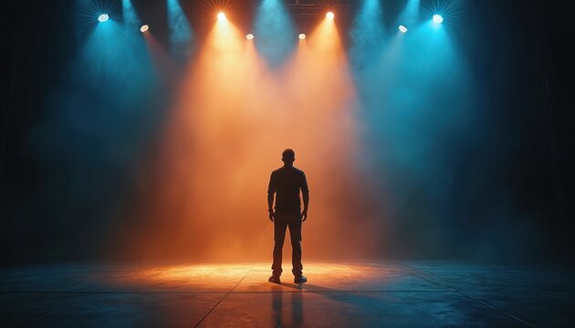 Man stands alone on dark stage. Warm orange and cool blue spotlights create dramatic atmosphere. Empty scene, performance concept, performer awaits audience.