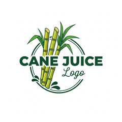Sugarcane juice logo design with fresh stalks, circular emblem, and tropical splash element for branding a beverage business.
