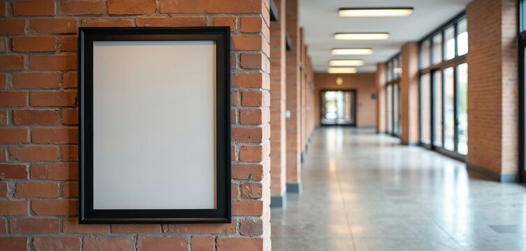 Blank poster frame on brick wall inside modern university hall. Empty space for art, notice or advert. Wide corridor with windows and lights extends into distance.