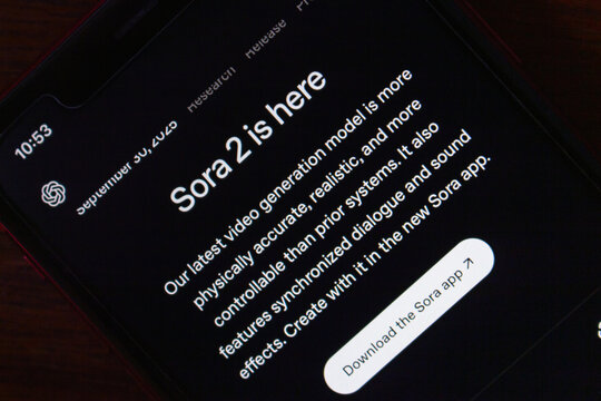 Quito, ECUADOR - Feb 3 2026 : Close-up of a smartphone screen displaying the release announcement for Sora 2, a new AI video generation model by OpenAI.