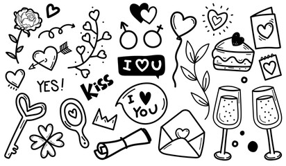 Hand drawn vector illustration set featuring love and romance doodle elements such as hearts, flowers, arrows, text bubbles, cake, glasses and symbols. Black and white line art style, simple and expre