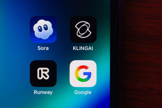 Quito, ECUADOR - Feb 3 2026 : Smartphone screen showing icons of modern AI video tools Sora, Kling AI, Runway, and the Google.
