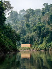 Cargo Container Shipping Through River in Dense Tropical Forest