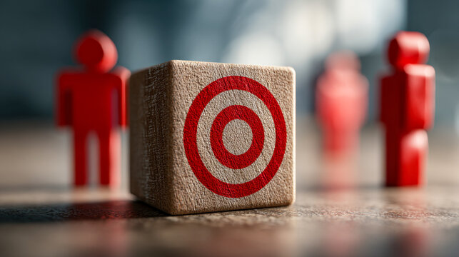 Wooden cube with a red target symbol surrounded by four red human figurines representing focus, goal setting, and teamwork in a blurred background scene
