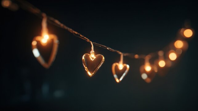 A single string of bright, blinking heart-shaped lights hanging in a dark room, only the lights are in focus, 8k, realistic, full ultra HD, high resolution, cinematic photography