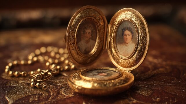 A vintage, ornate gold locket open to reveal two small, faded photographs, 8k, realistic, full ultra HD, high resolution, cinematic photography