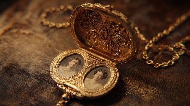 A vintage, ornate gold locket open to reveal two small, faded photographs, 8k, realistic, full ultra HD, high resolution, cinematic photography