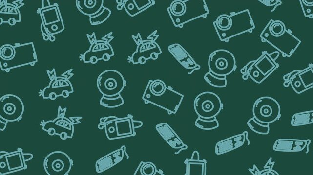 Seamless vector pattern background featuring webcams dashcams action cameras and smartphones in teal tones ideal for tech branding packaging wallpaper and digital backdrops.