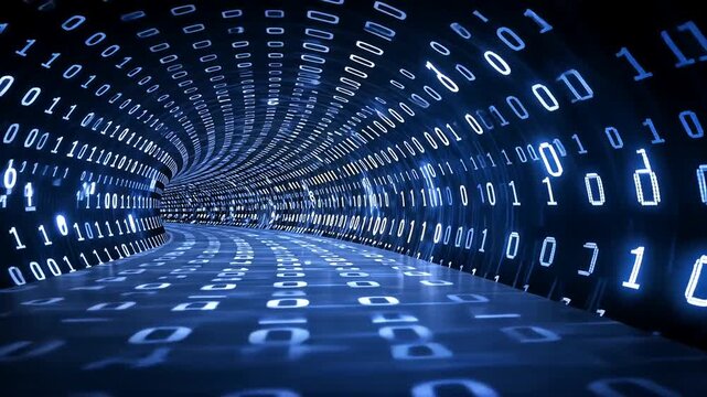 Digital tunnel with binary code flowing towards the viewer in a futuristic representation of data transmission.