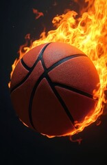 Fototapeta premium Basketball mid flight engulfed in intense orange flames against a dark background. Close up macro view of sport equipment burning with fire. Dynamic action and extreme heat.